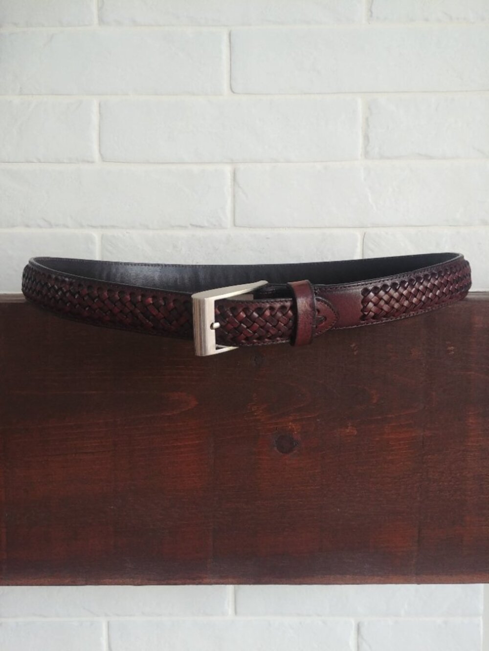 Full grain cowhide leather Medium brown braided belt with silver buckle